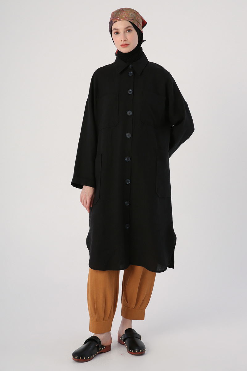 100% Linen Long Comfy Slit Shirt Tunic With Cap