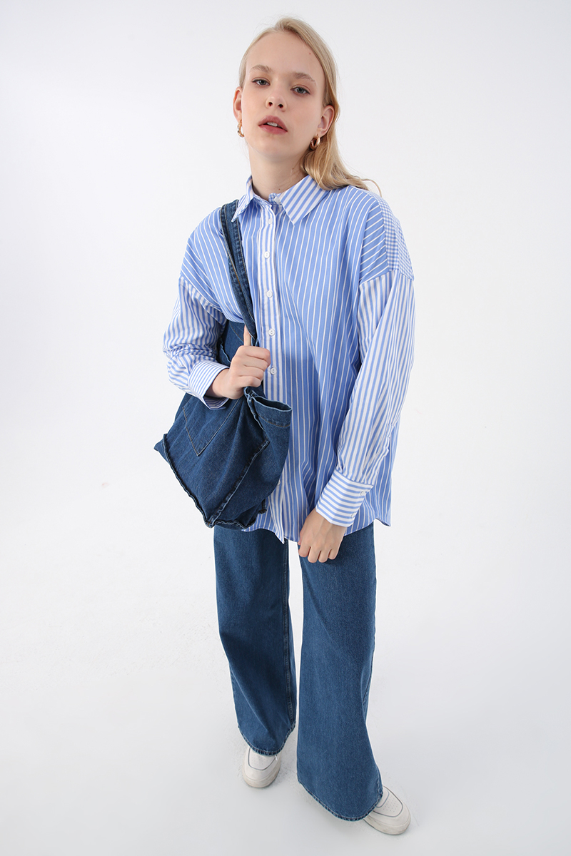 100% Cotton Striped and Square Patterned Oversised Shirt