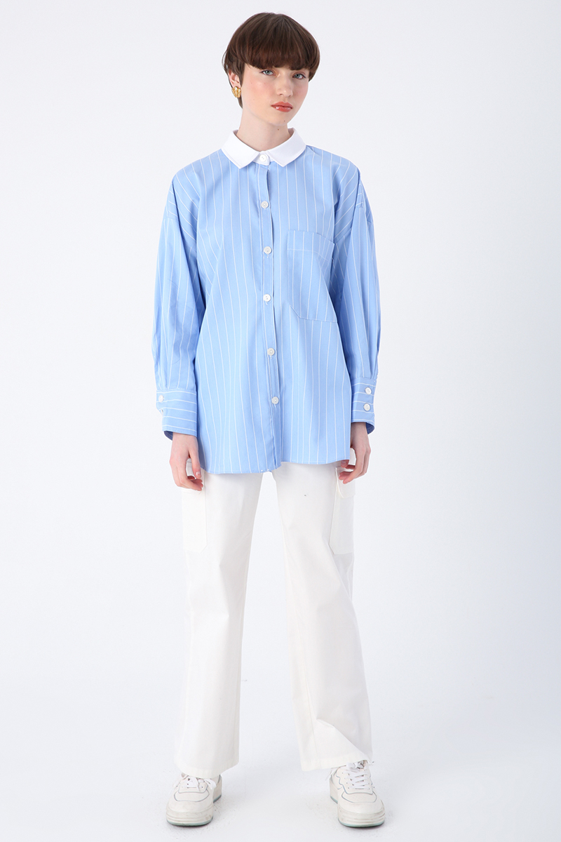 100% Cotton Striped Single Pocket Oversize Shirt