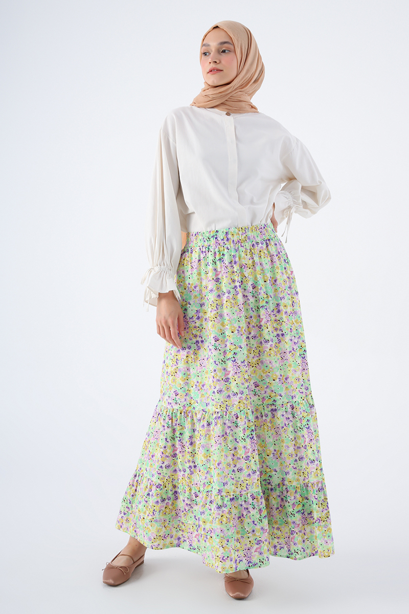 100% Cotton Patterned Elastic Waist Frill Detailed Skirt