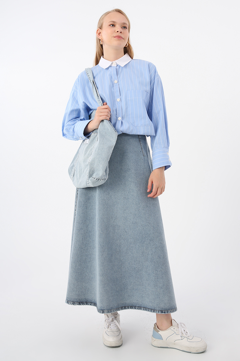 100% Cotton Flared Denim Skirt with Zipper
