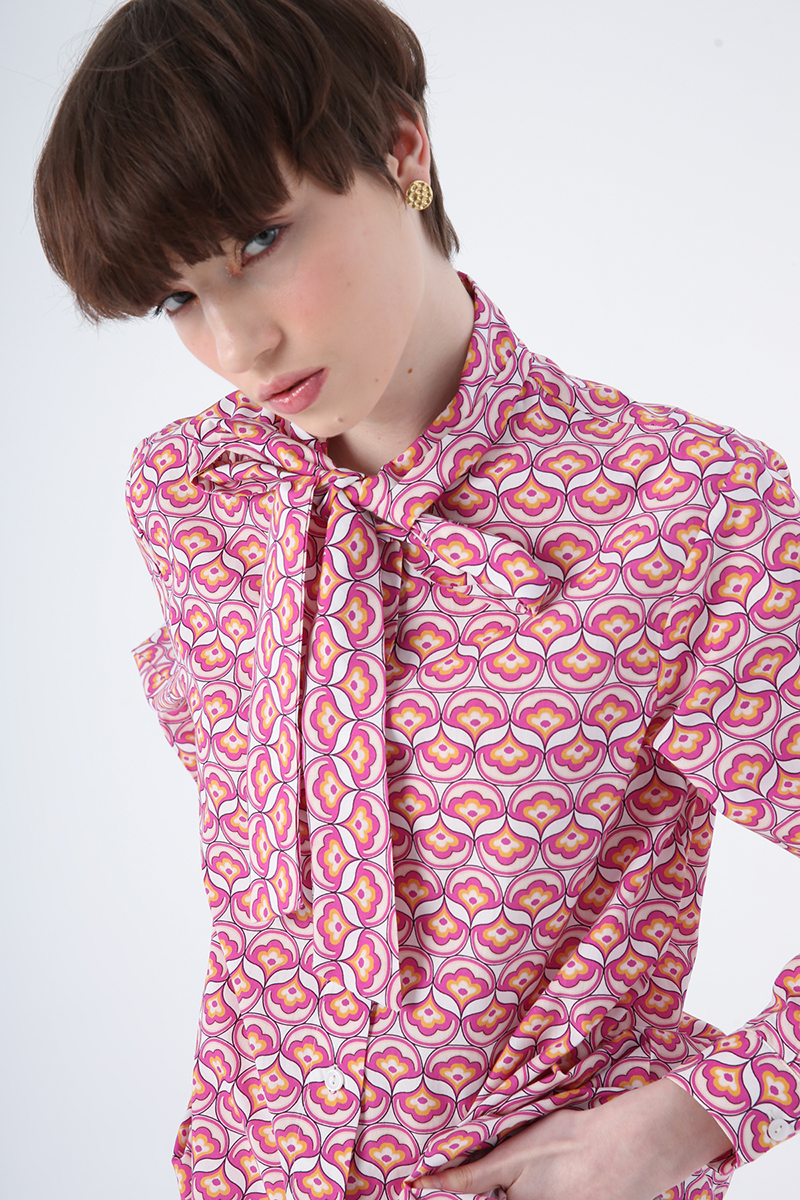 100% Cotton Scarf Collar Printed Patterned Shirt Tunic