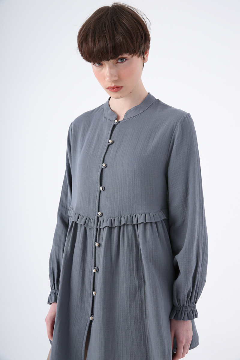 100% Cotton Judge Collar Sleeves Pleated Frill Detailed Shirt Tunic