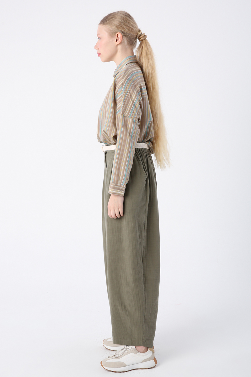 100% Cotton Belted Elastic Waist Wide Salvar Trousers