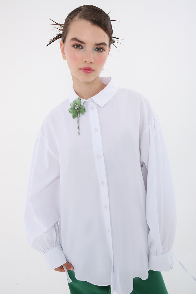 100% Cotton Shirt with Tie Sleeve Detail