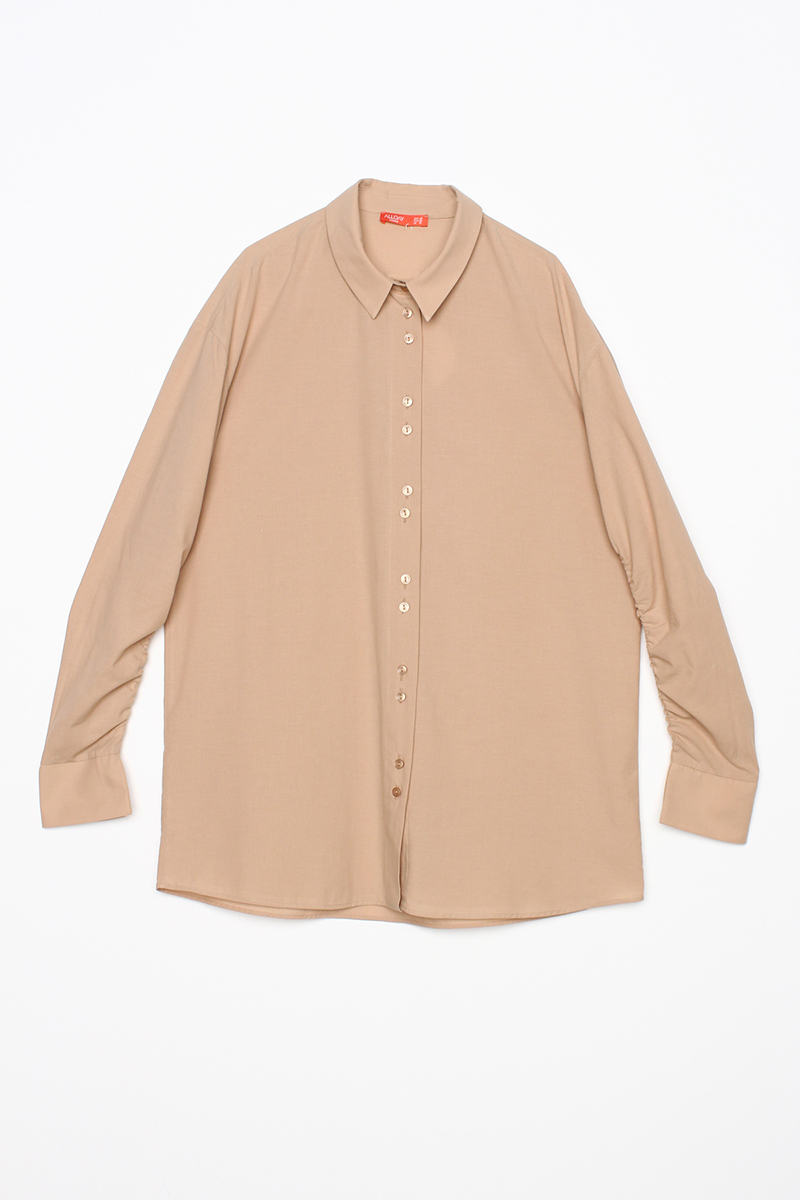 %100 Cotton Oversize Sleeve Shirring Detail Shirt Tunic