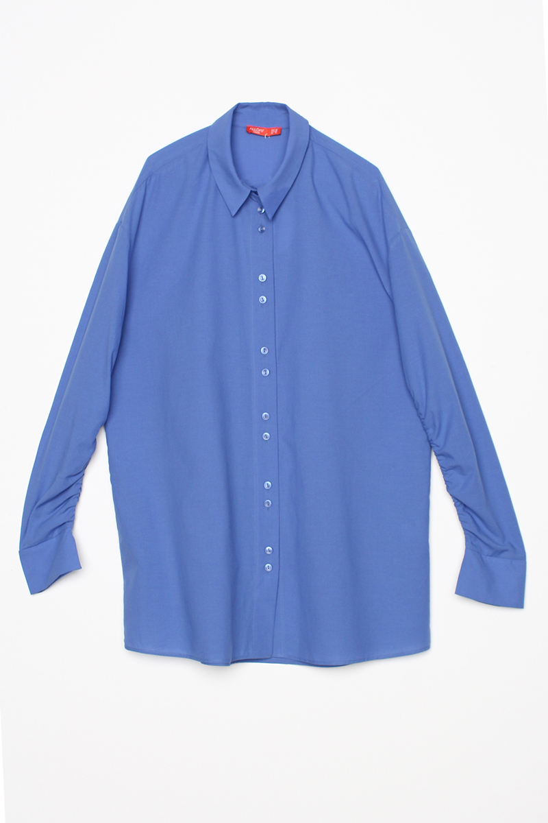 %100 Cotton Oversize Sleeve Shirring Detail Shirt Tunic