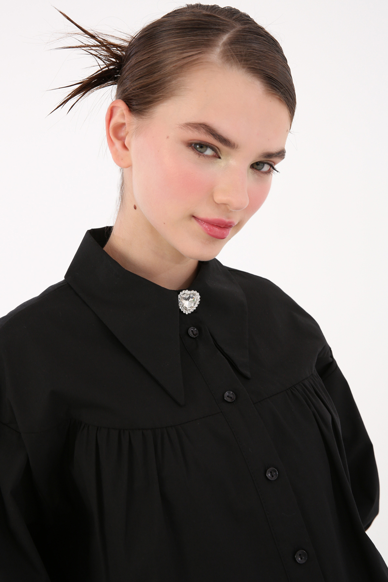 100% Cotton Oversised Pointed Collar Shirred Balloon Sleeve Shirt