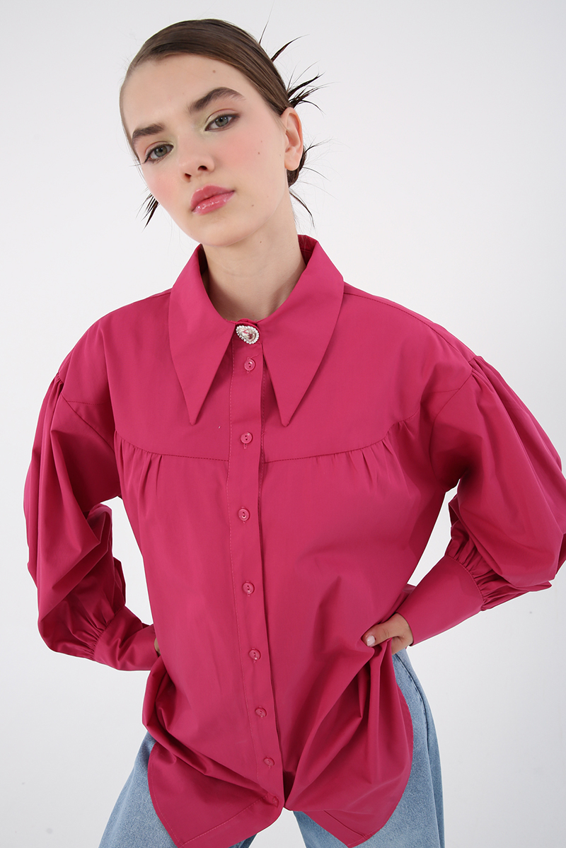  100% Cotton Oversised Pointed Collar Shirred Balloon Sleeve Shirt