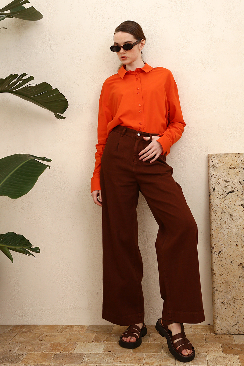 100% Cotton Pleated Wide Leg Pocketed Trousers