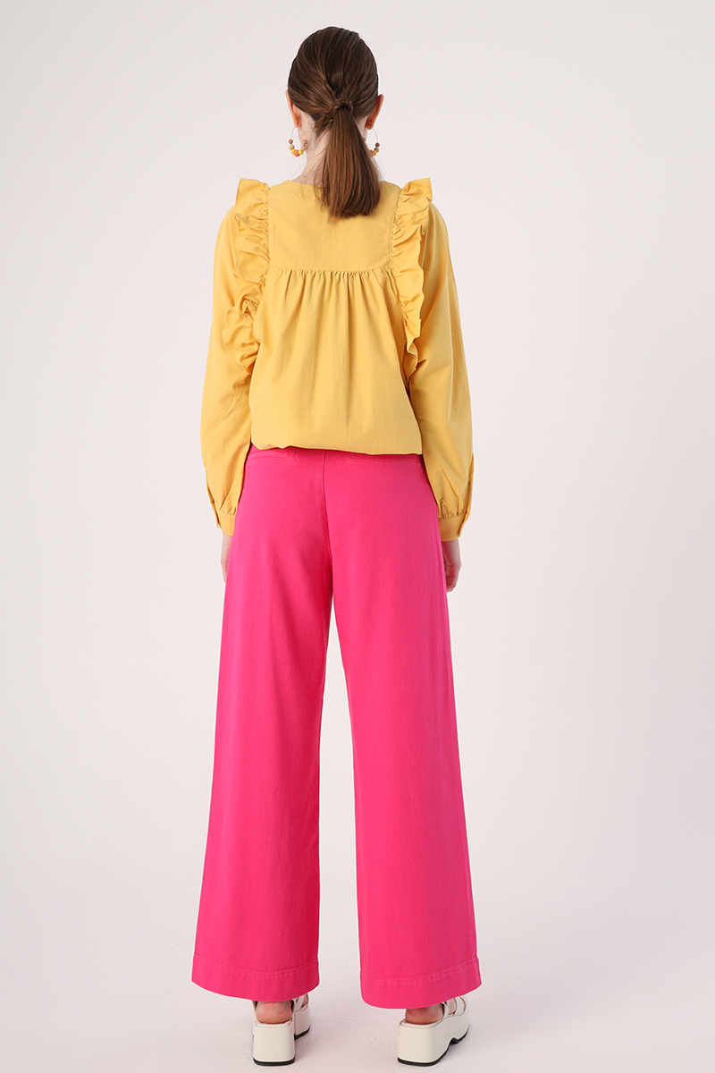 100% Cotton Pleated Wide Leg Pocketed Trousers