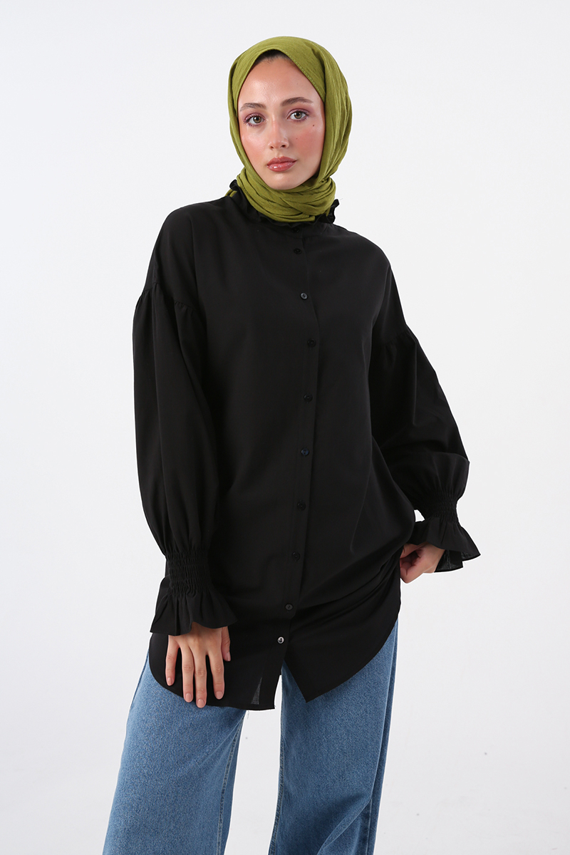 100% Cotton Shirt Tunic with Shirred Collar and Sleeves