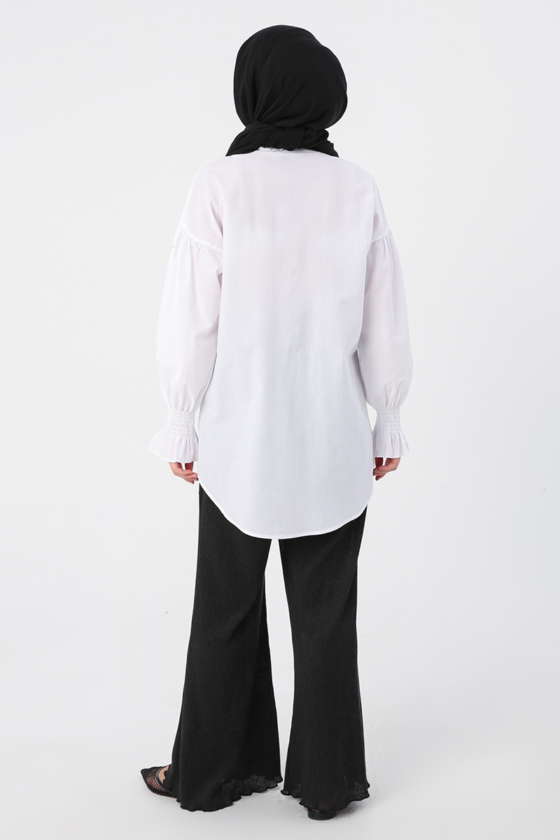 100% Cotton Shirt Tunic with Shirred Collar and Sleeves