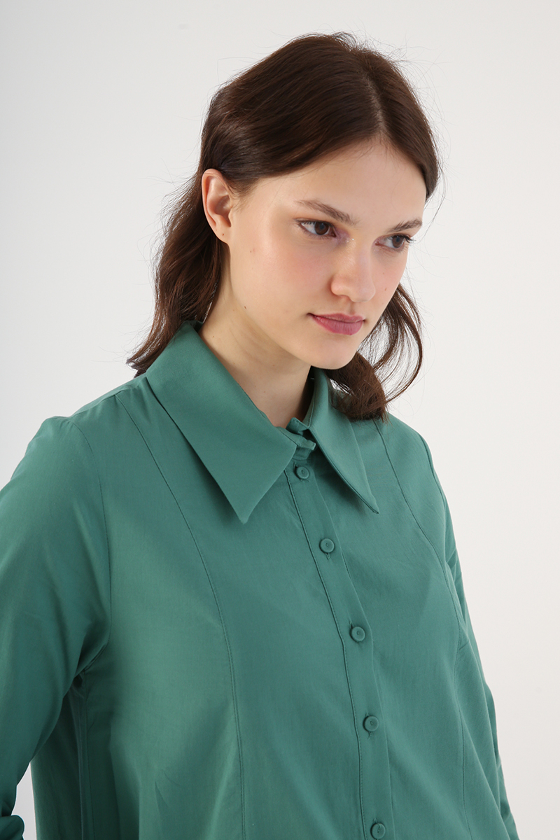 100% Cotton Half-Pleated Shirt Collar Pocketed Dress