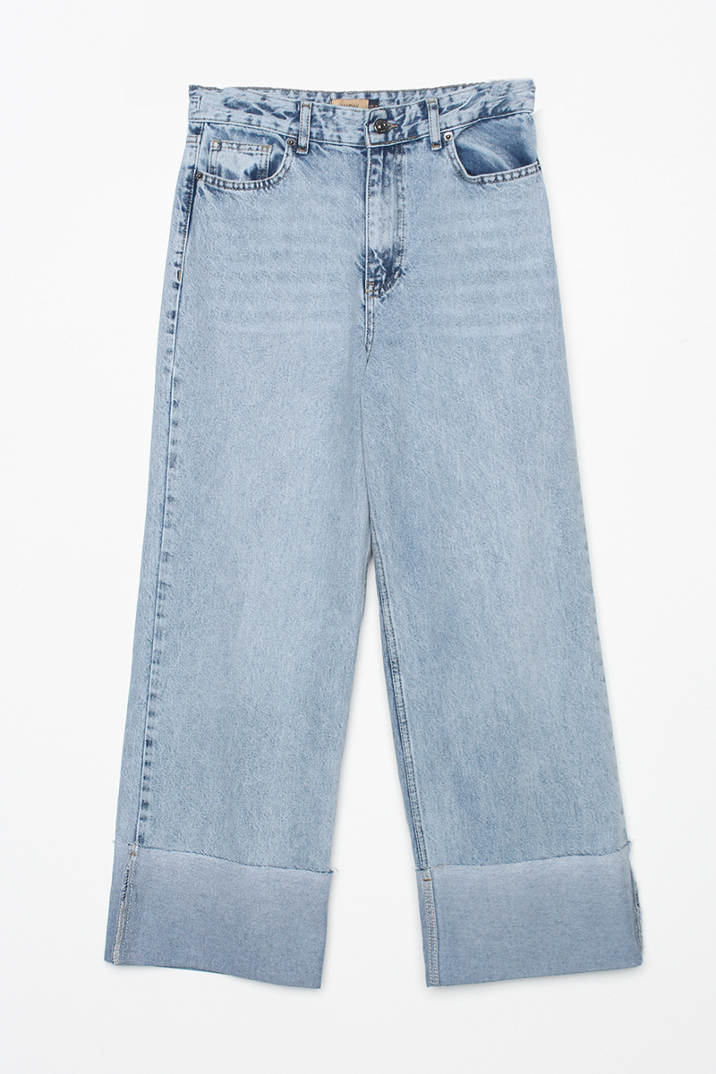 100% Cotton High Waist Wide Leg Fold Detailed Denim Trousers
