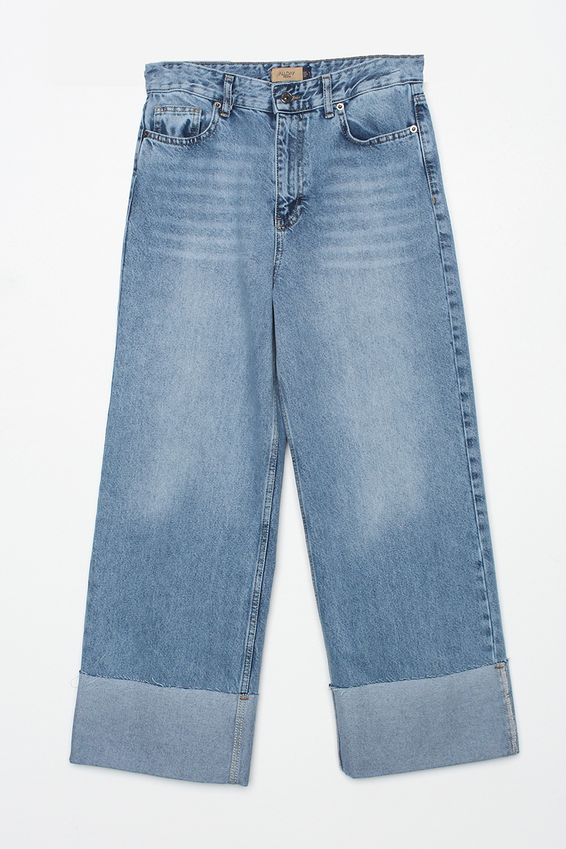 100% Cotton High Waist Wide Leg Fold Detailed Denim Trousers