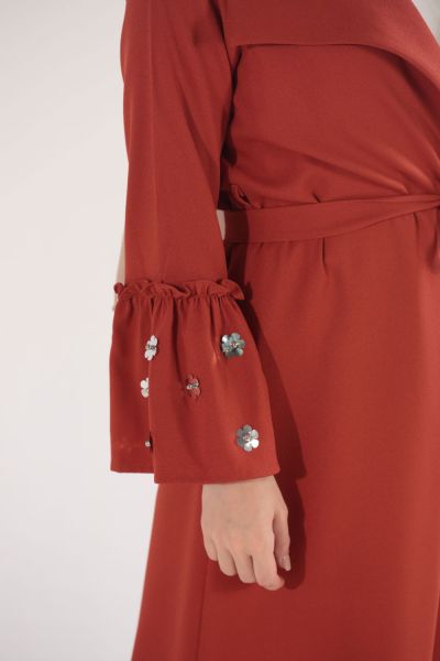 Flounce Sleeve Daisy Detailed Belted Abaya