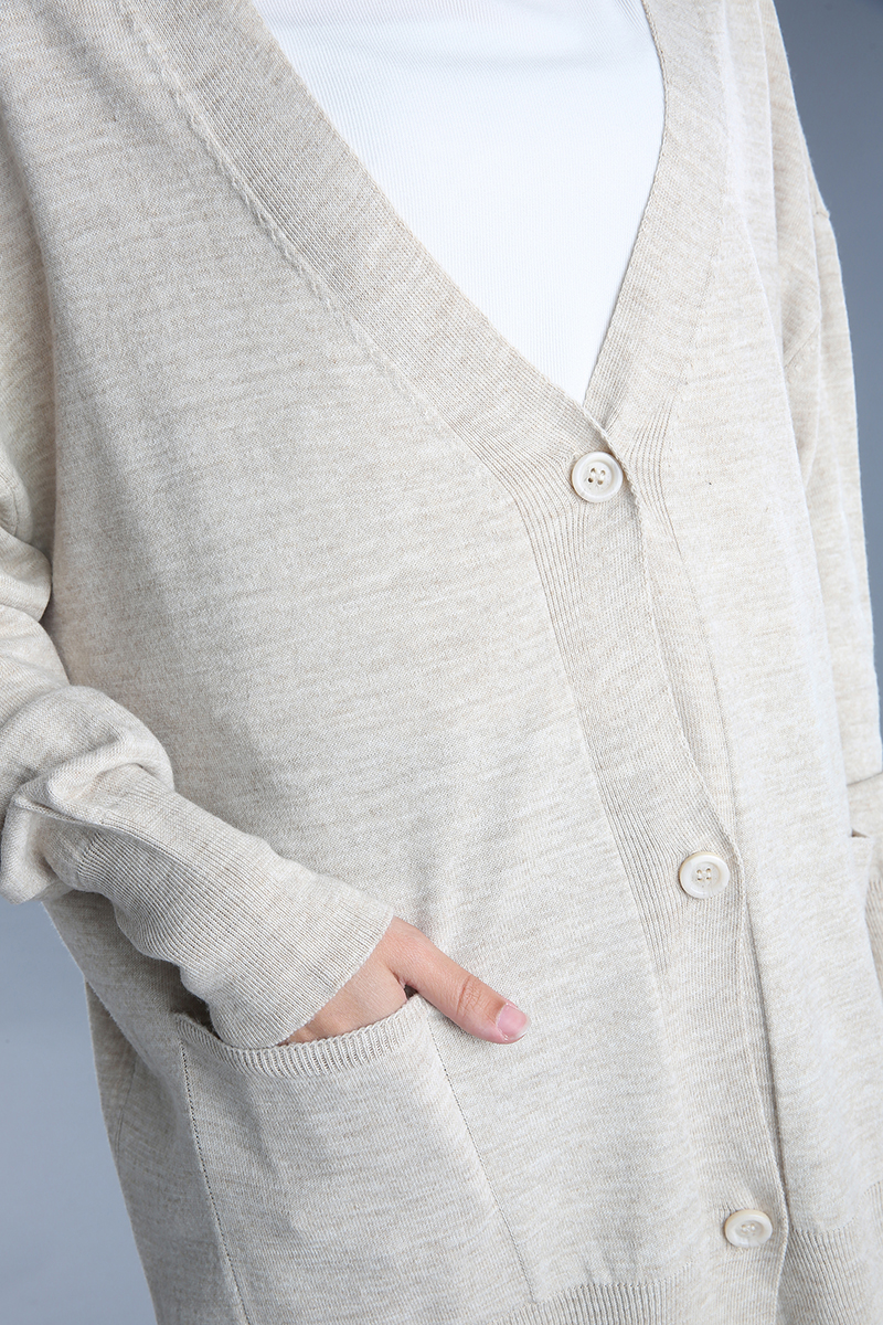 Acrylic Long Back Pocket Buttoned Loose Cardigan