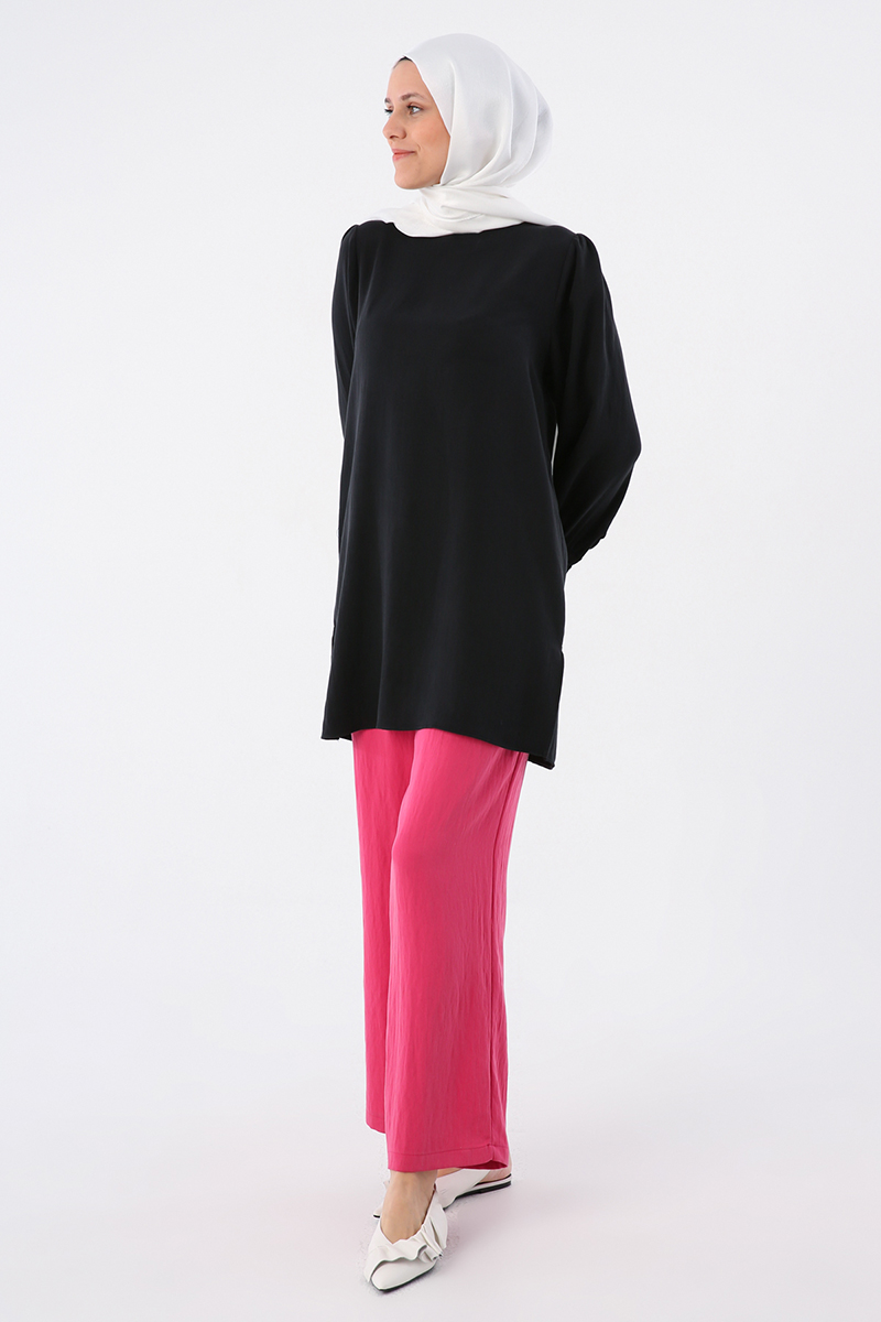 Back Button Detailed Slit Crew Neck Wide Cuffed Tunic