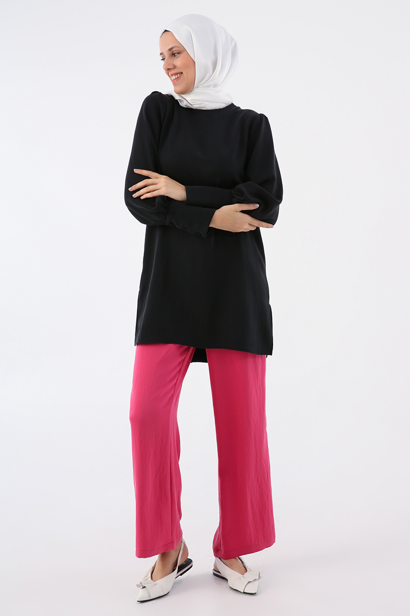 Back Button Detailed Slit Crew Neck Wide Cuffed Tunic