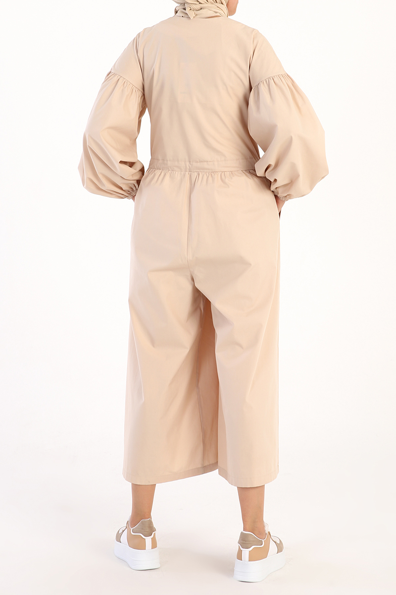 Button Front Tie Detailed Peasant Sleeve Overalls