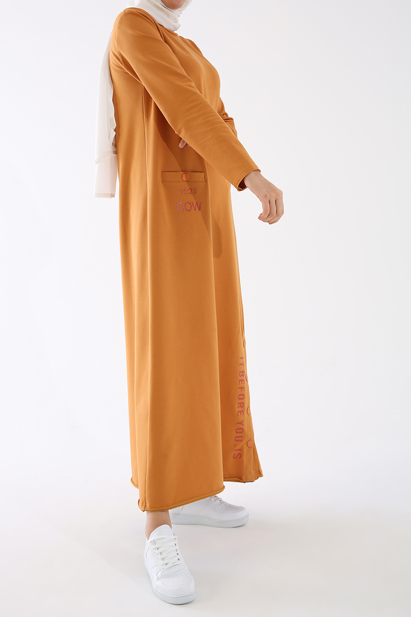 Hem Detailed Printed Long Dress With Pocket
