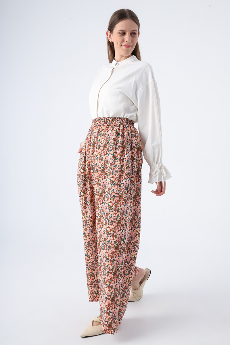 Printed Wide Leg Viscose Linen Trousers With Slit Legs and Elastic Waist