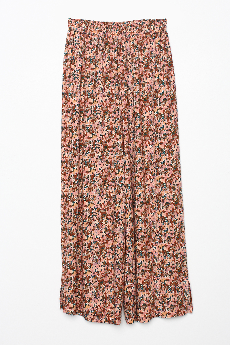 Printed Wide Leg Viscose Linen Trousers With Slit Legs and Elastic Waist