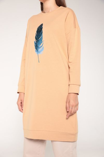 Feather Printed Combed Cotton Sweatshirt Tunic