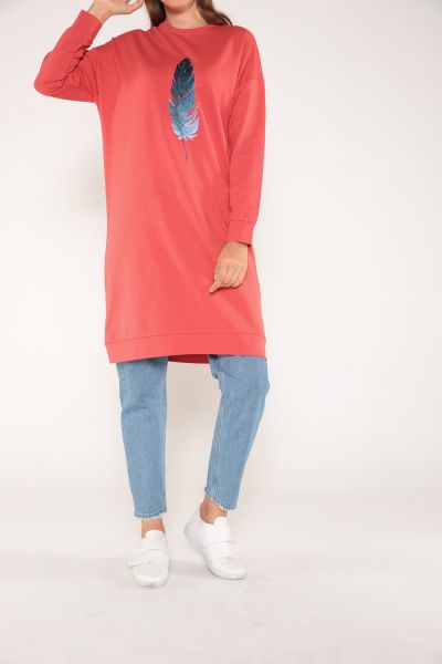Feather Printed Combed Cotton Sweatshirt Tunic