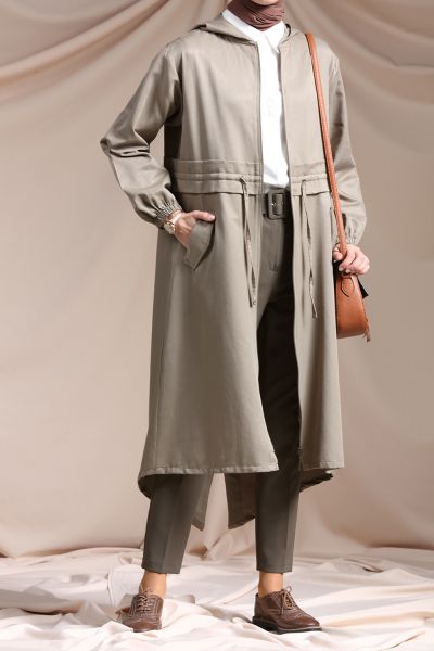 Hooded Waist Detailed Cape With Pockets