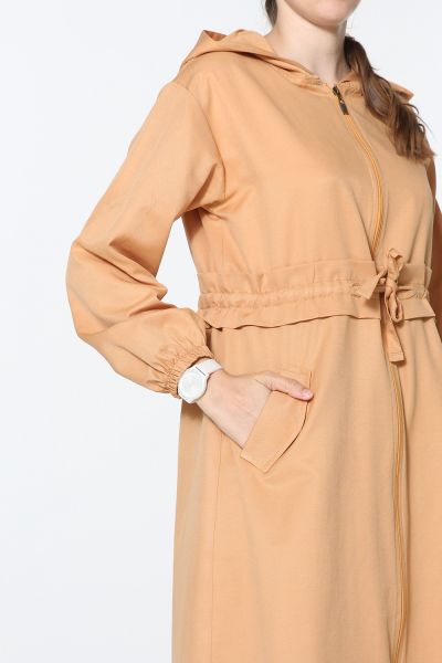 Hooded Waist Detailed Cape With Pockets