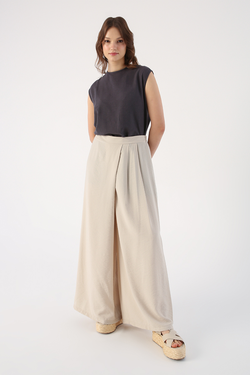 Elastic Waist Pleated Front Pleated Wide Leg Trousers