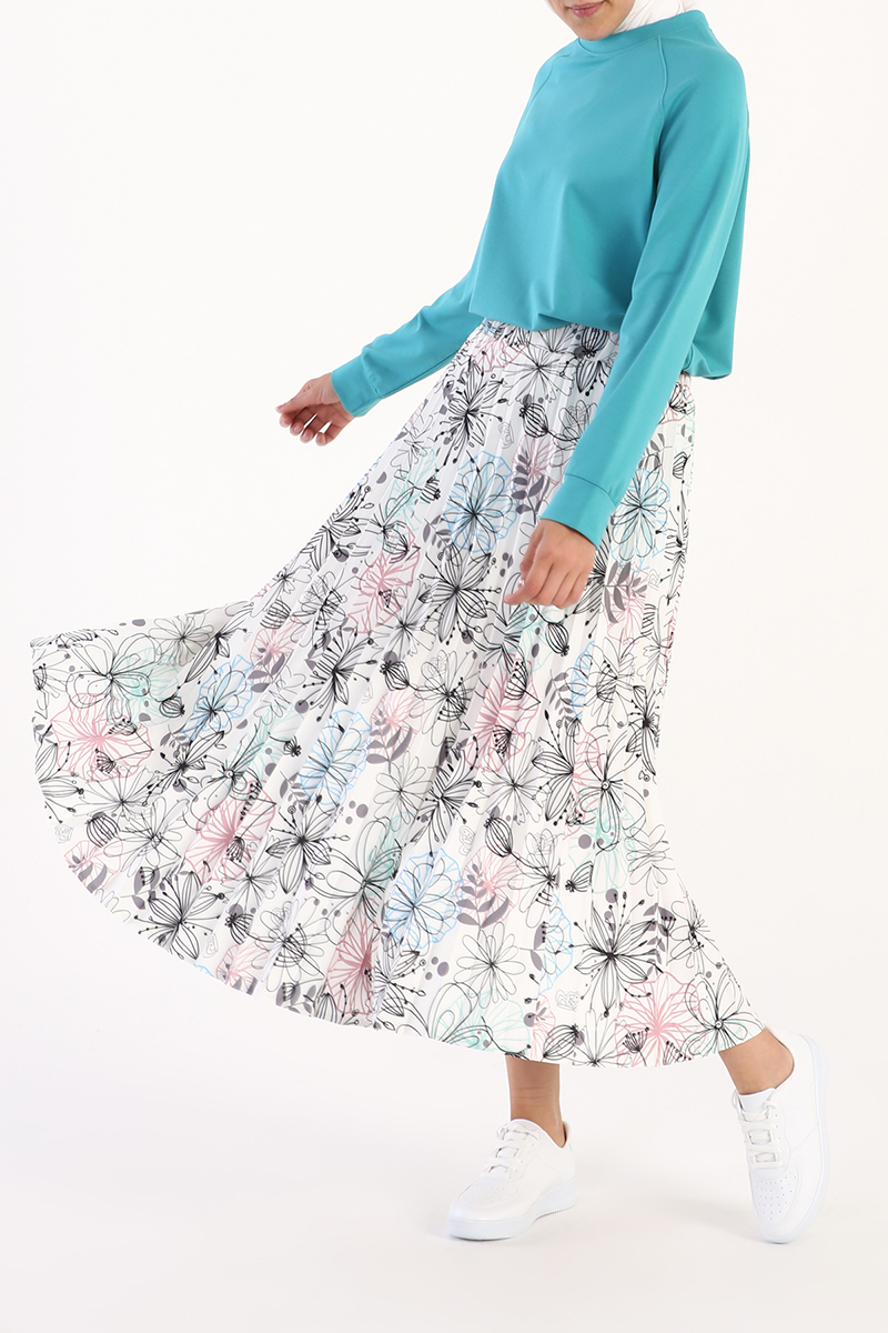 Elastic Waist Pleated Patterned Long Skirt