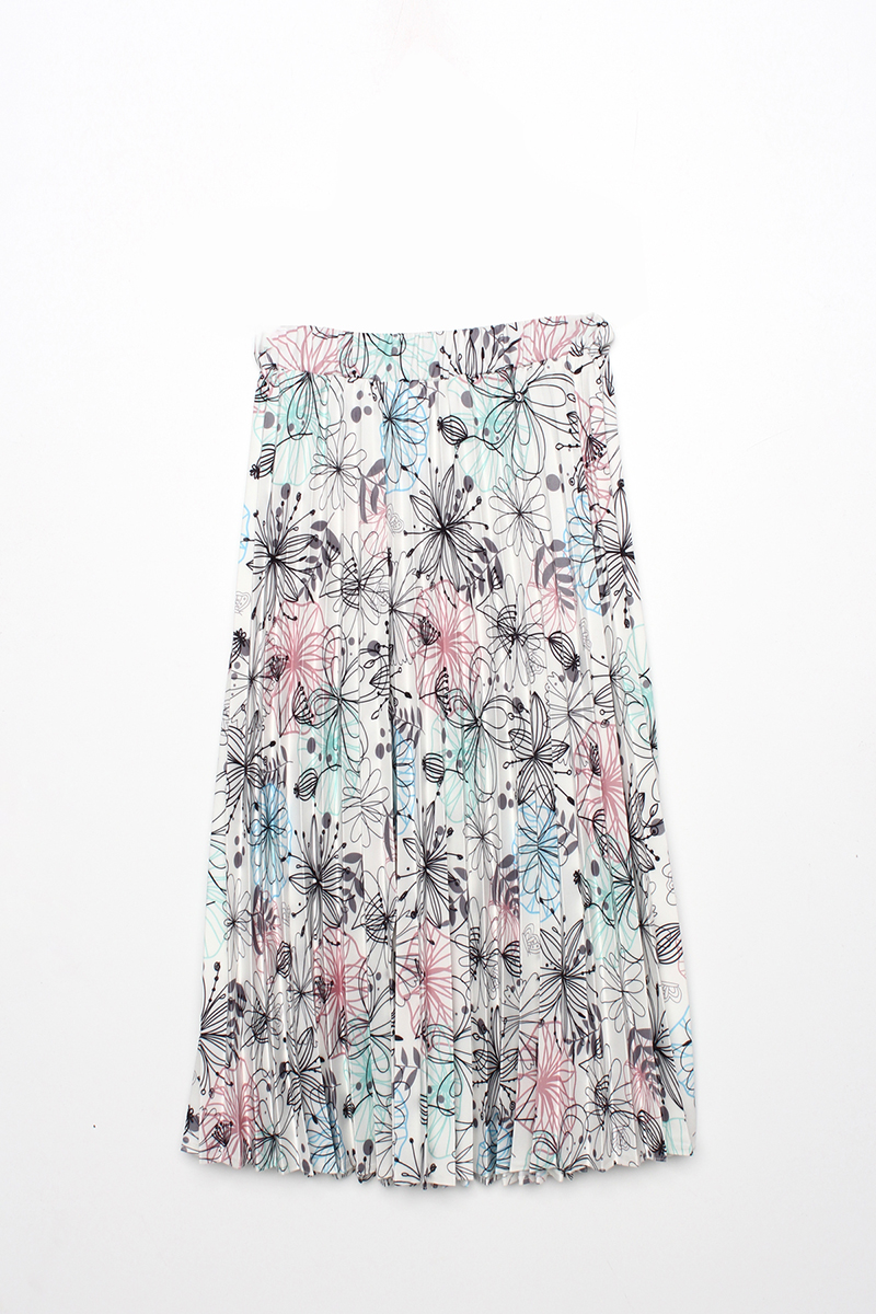 Elastic Waist Pleated Patterned Long Skirt