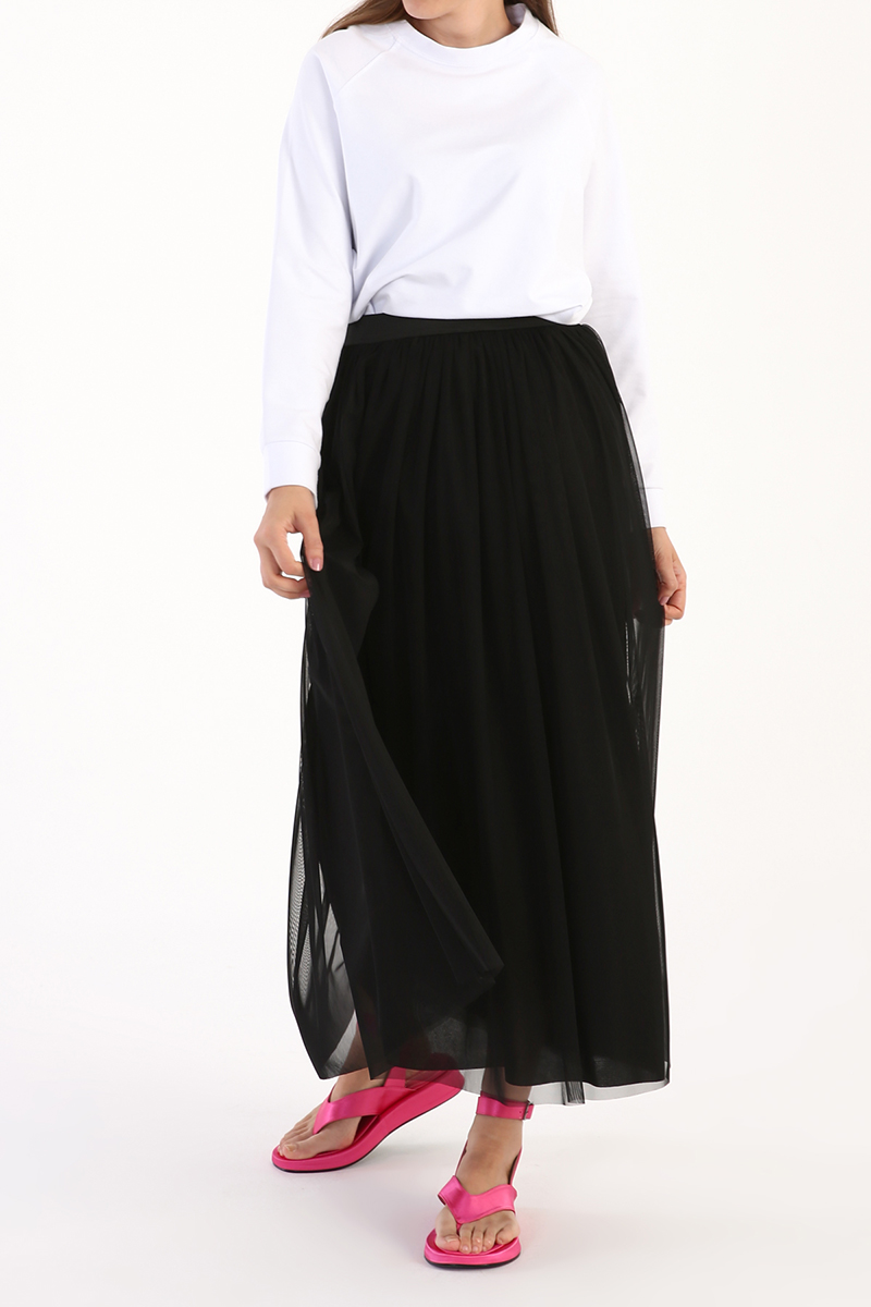 Elastic Waist Long Lined Tulle Skirt