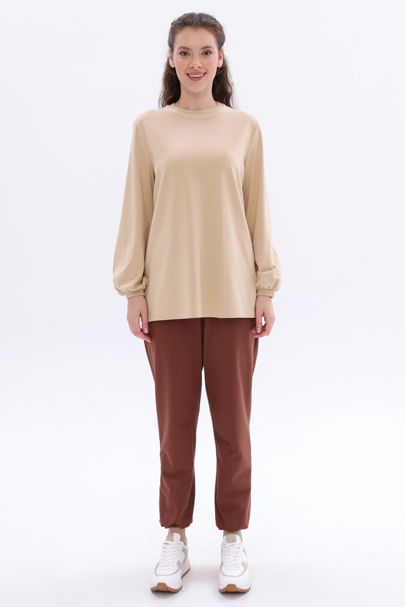 Crew Neck Sleeve End Pleated Cotton Blouse