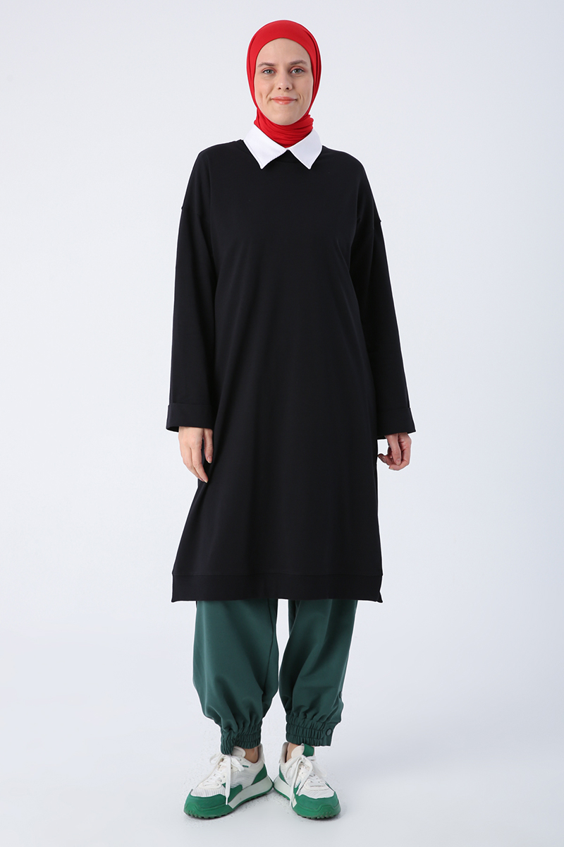 Crew Neck Collar Combed Cotton Tunic with Folded Sleeves