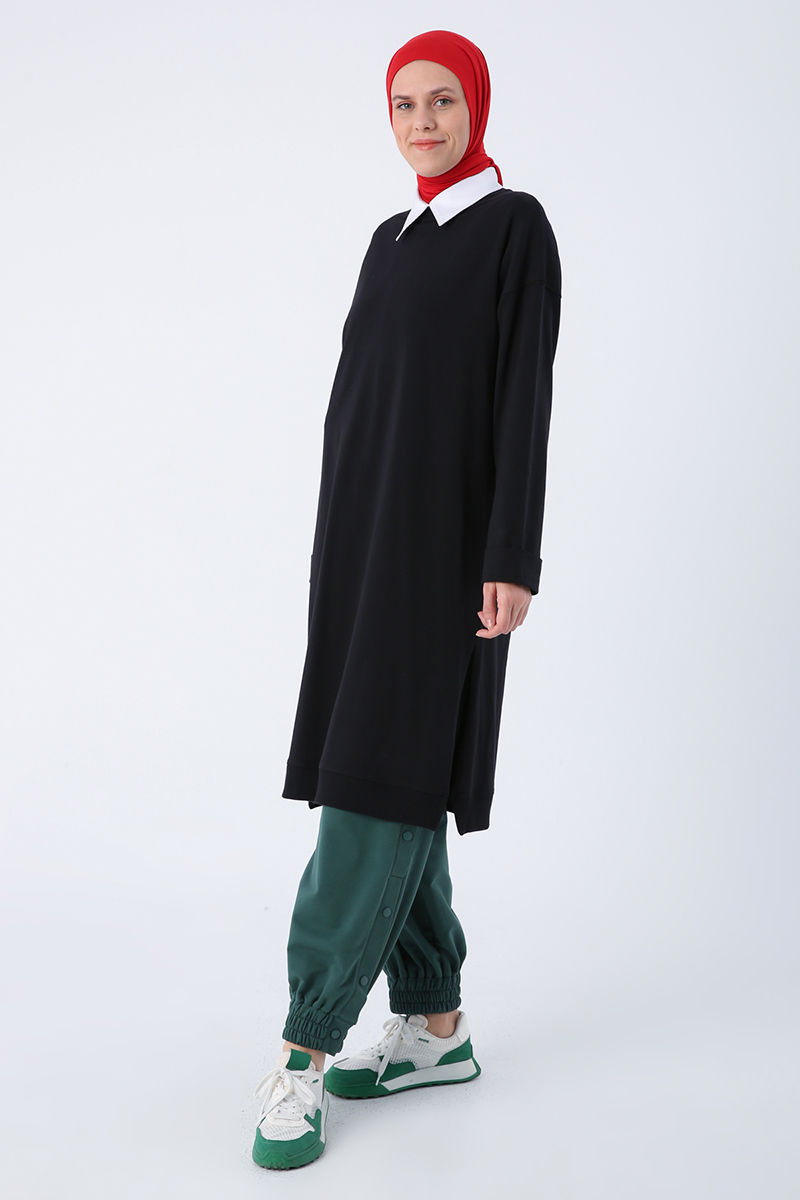 Crew Neck Collar Combed Cotton Tunic with Folded Sleeves