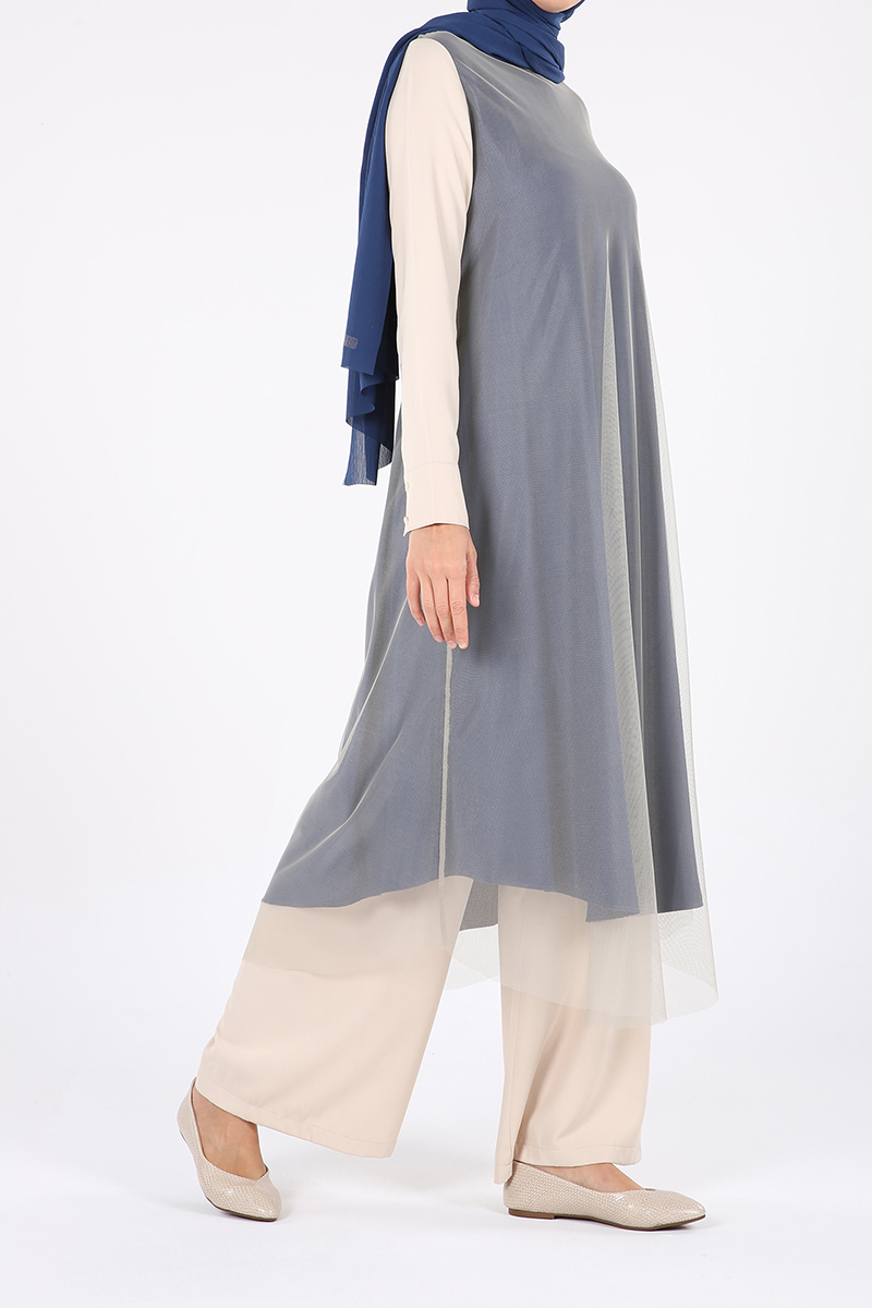 Crew Neck Long Tulle Blouse and Pants Outfit Set