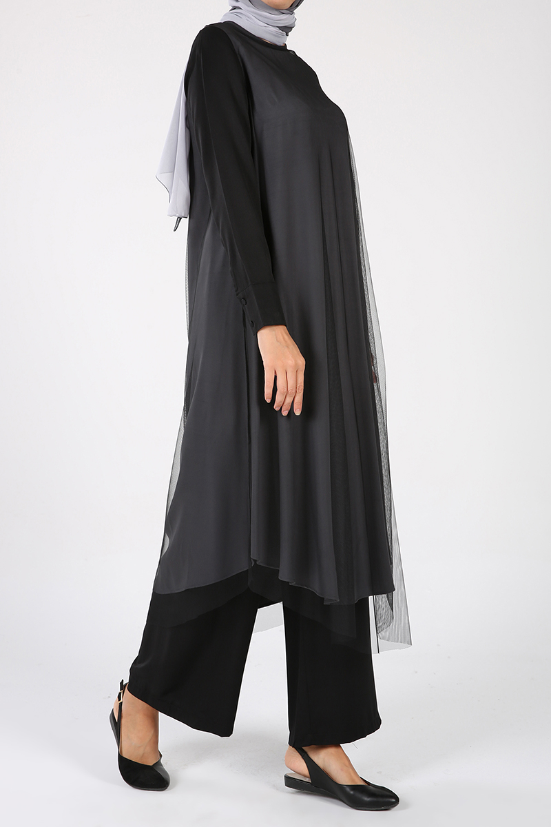 Crew Neck Long Tulle Blouse and Pants Outfit Set