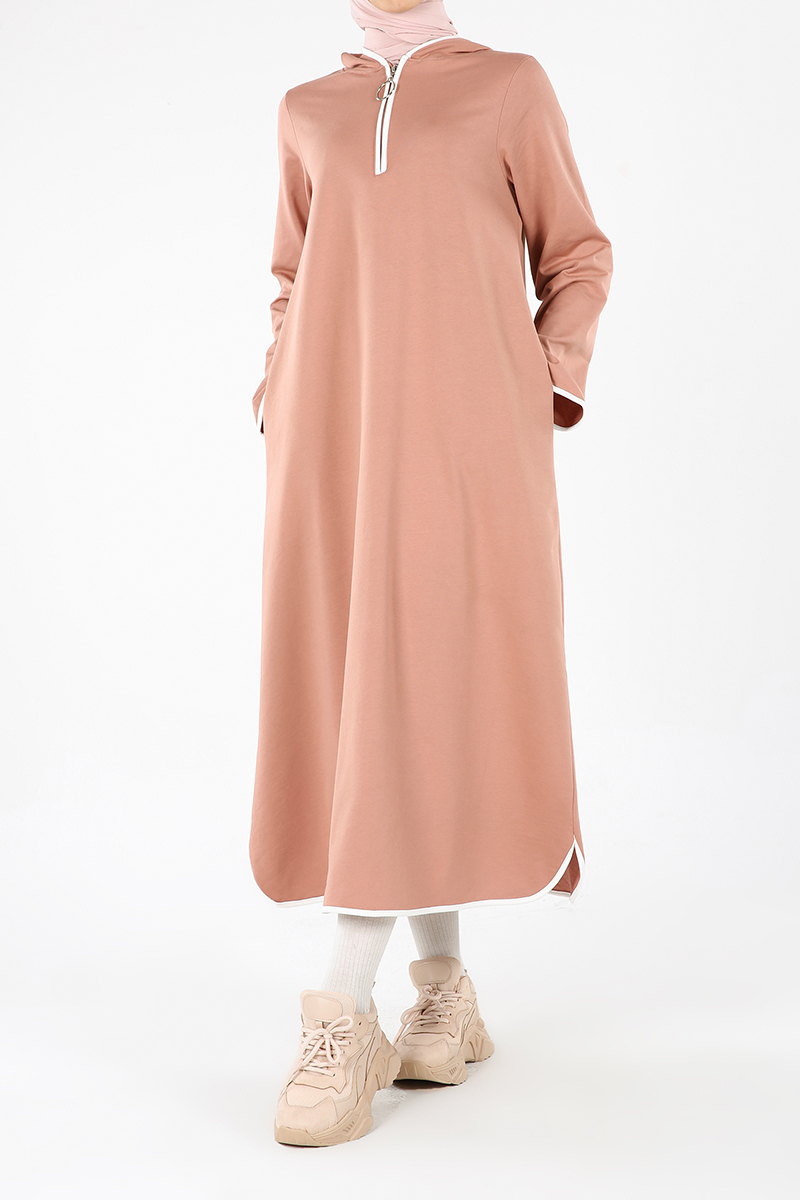 Hooded Zipper Detailed Cotton Dress With Pockets
