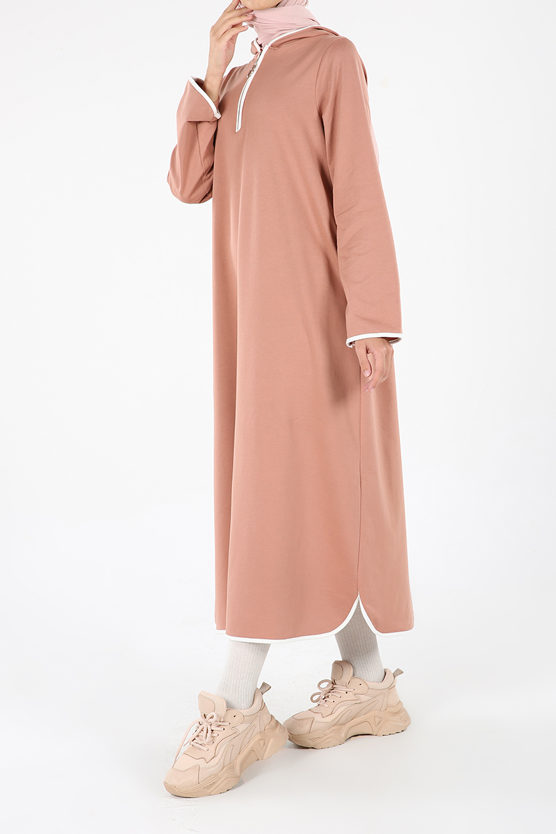 Hooded Zipper Detailed Cotton Dress With Pockets