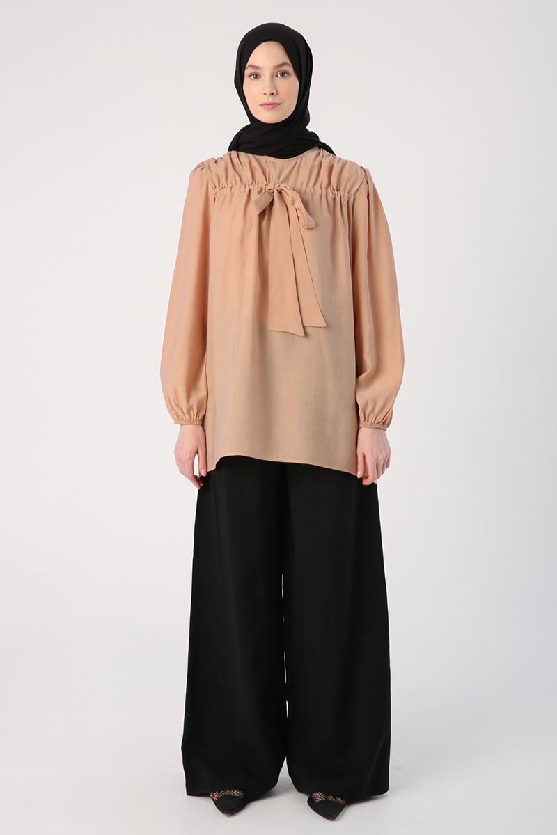 Pleated Bow Detailed Back Buttoned Loose Tunic
