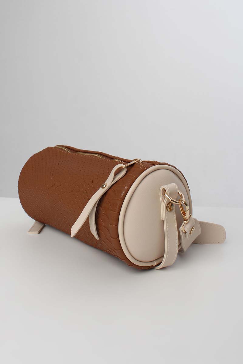Patterned Cylinder Shoulder Bag with Cross Strap