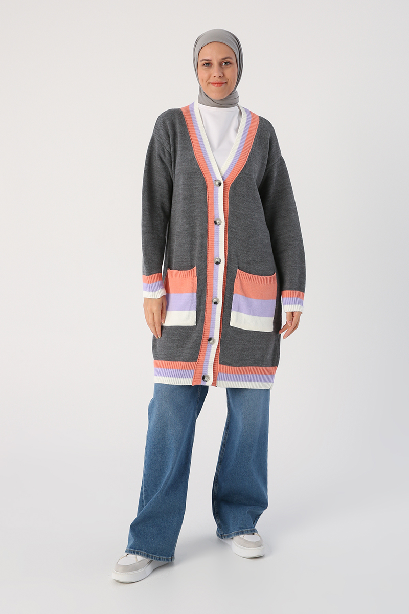 Striped V-Neck Knitwear Cardigan with Pockets