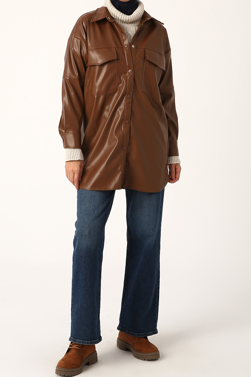 Flap Pocket PU Leather Shirt Tunic