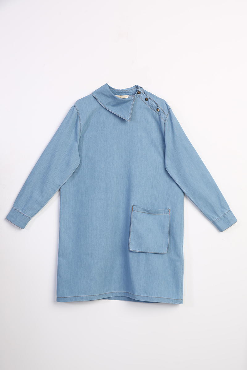 Neck Detailed Jean Tunic With Pocket