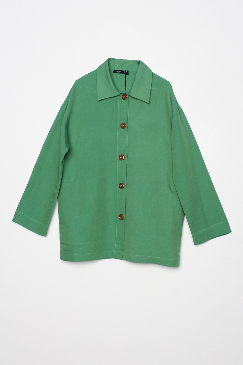 Shirt Collar Linen Jacket With Pockets Wooden Buttons