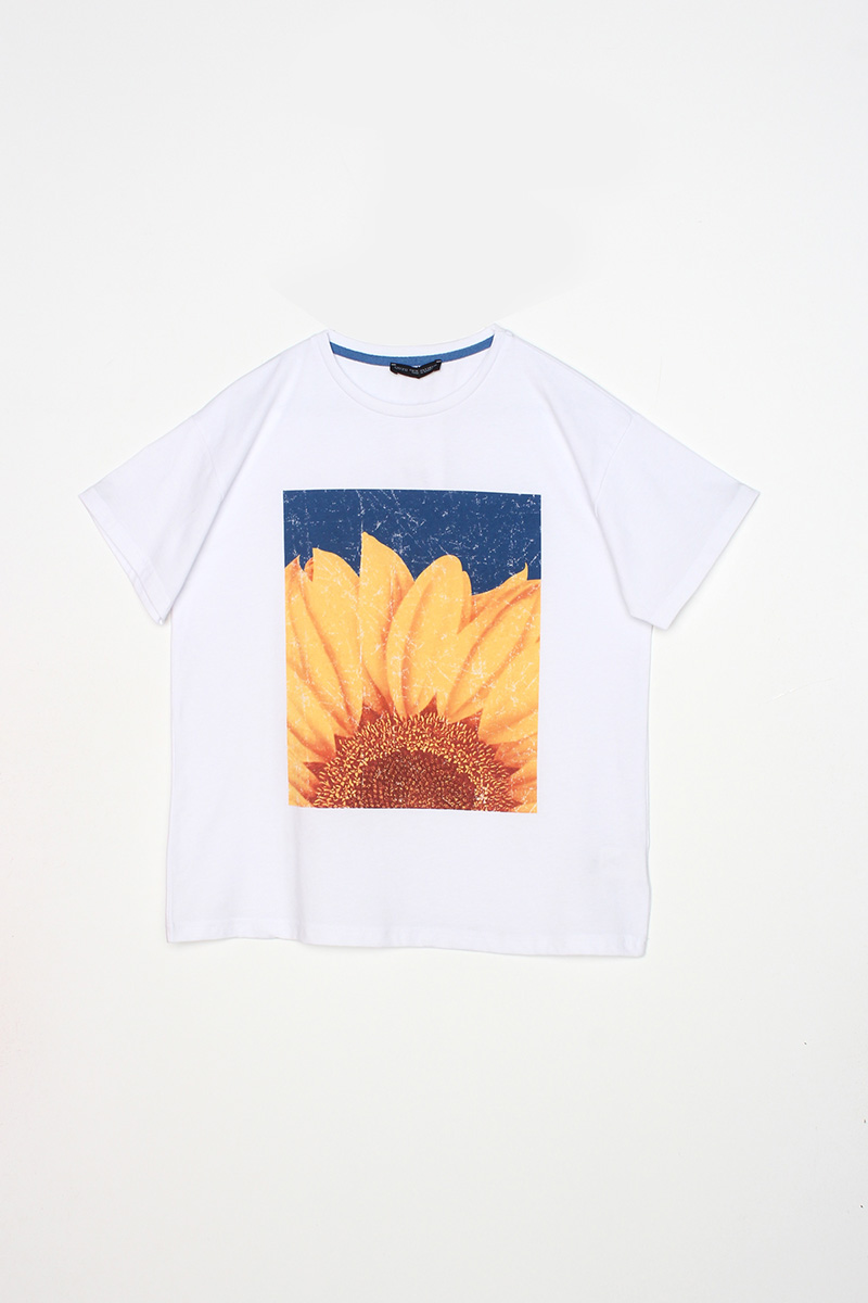 100% Cotton Flowers Printed Crew Neck T-Shirt